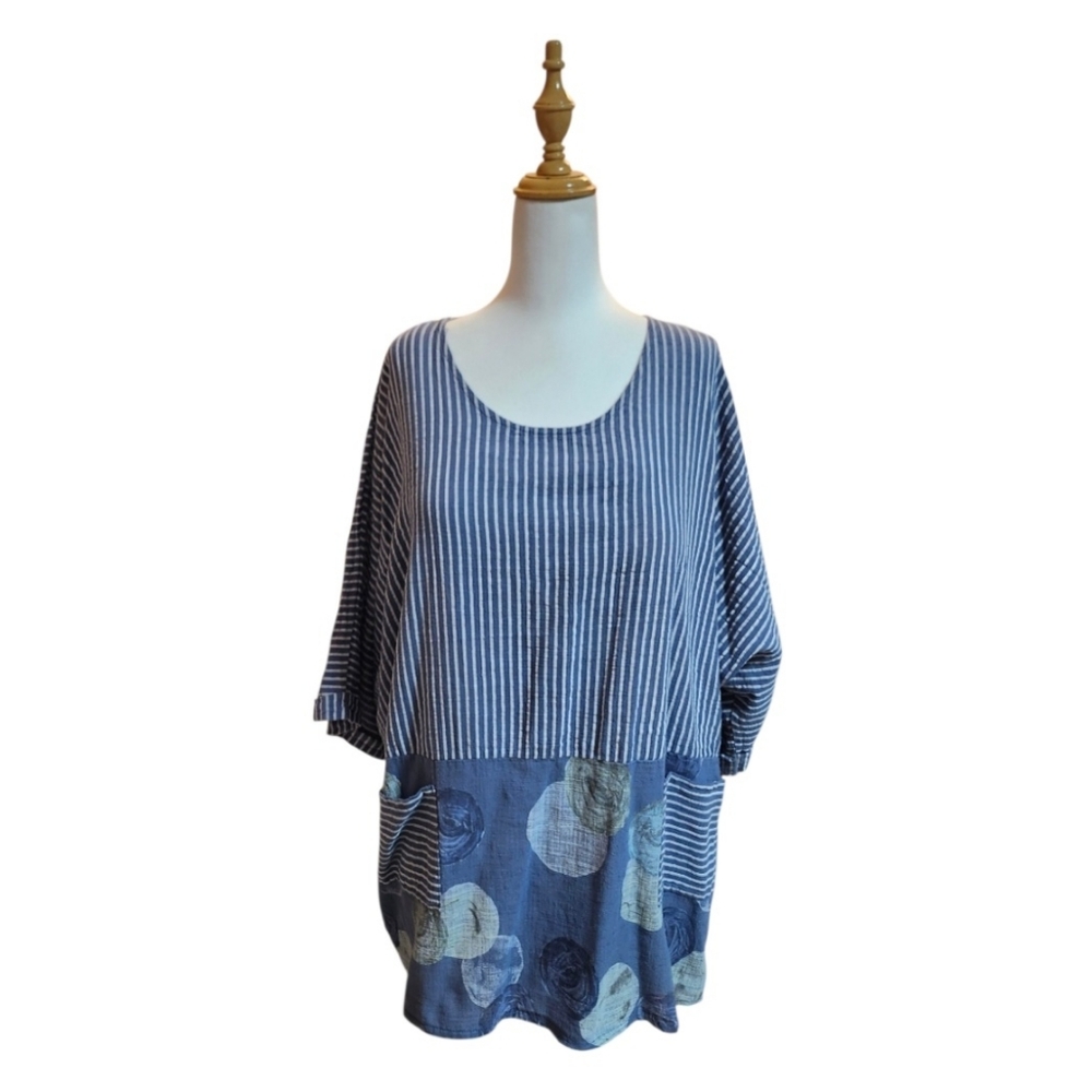🇮🇹Made In Italy, 100% Cotton, Blue Striped & Print Relaxed Fit Tunic Top